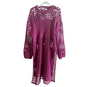 Kate Hewko Magenta Crochet See Thru Dress Swim Coverup Sz 1X Side Slits Festival